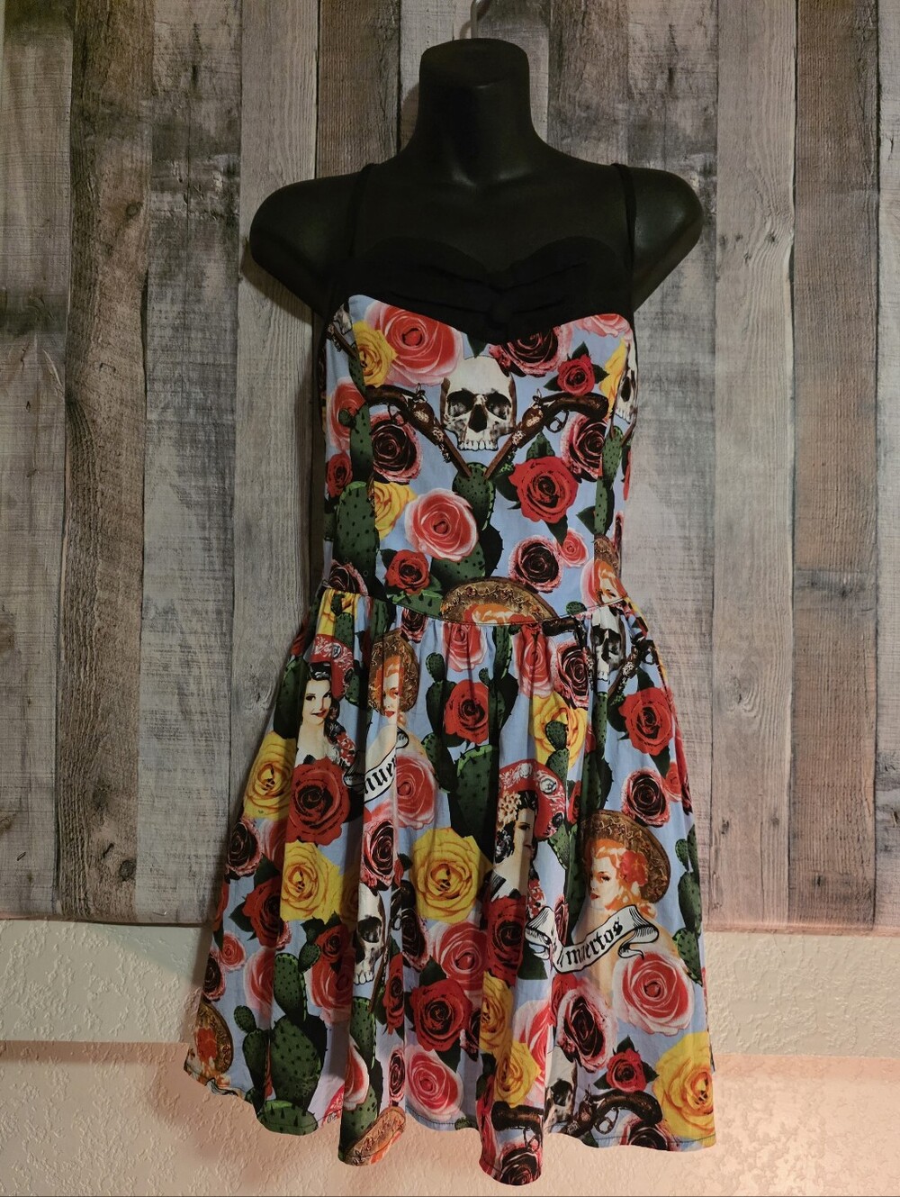 Hell Bunny Black Bodice Floral & Skull Fit-and-Flare Dress